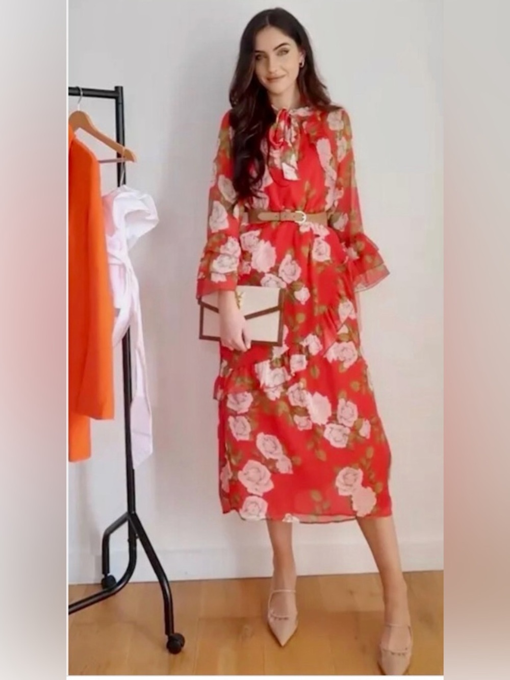 Zara Women’s S Red Floral Tiered Ruffled Romantic Cottage-core Midi Dress NWT
